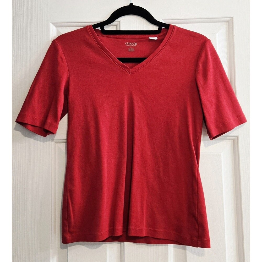Chico's Size 0 (same as small) Red True Color V Neck Tee T Shirt Short Sleeve